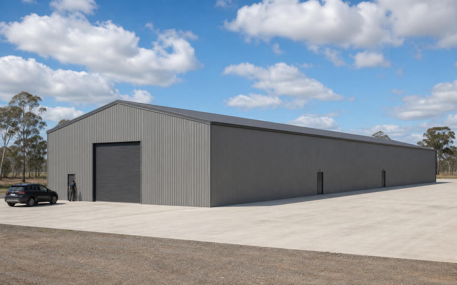 20m by 48m clear span steel warehouse with 5m by 5m drive-through roller doors and personal access doors