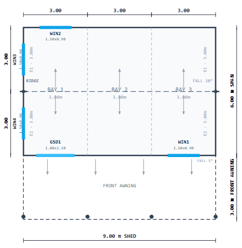 Floor plan of the 9m x 6m Weekender shed showing three 3m bays, four windows, one glass sliding door and a 3m deep front awning
