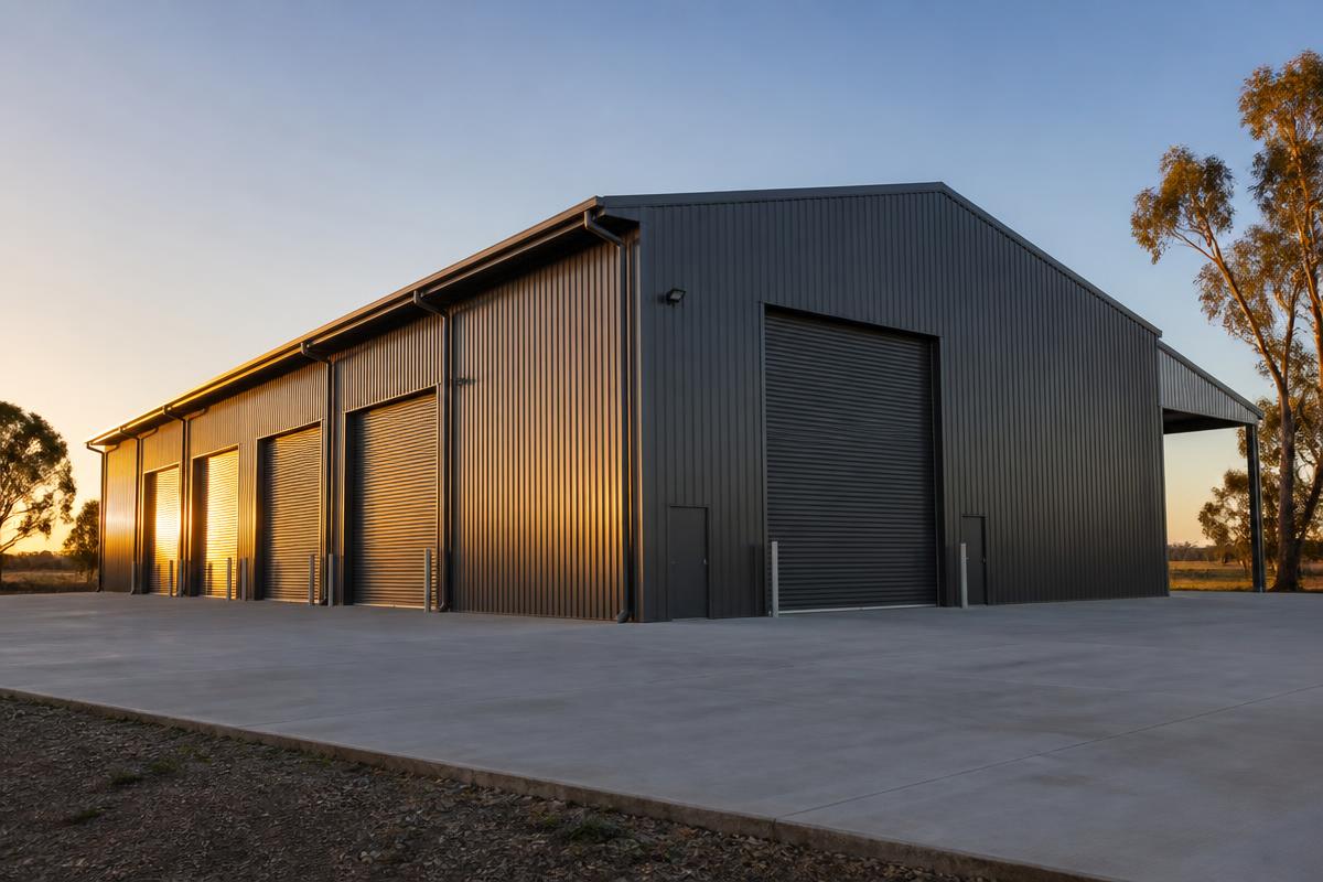 Large commercial steel warehouse with multiple roller doors in Monument COLORBOND® cladding, built by Spartan Sheds™ in Bundaberg