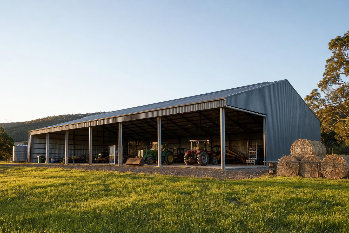 Wide span rural machinery shed in Shale Grey COLORBOND® steel housing a tractor near Bundaberg