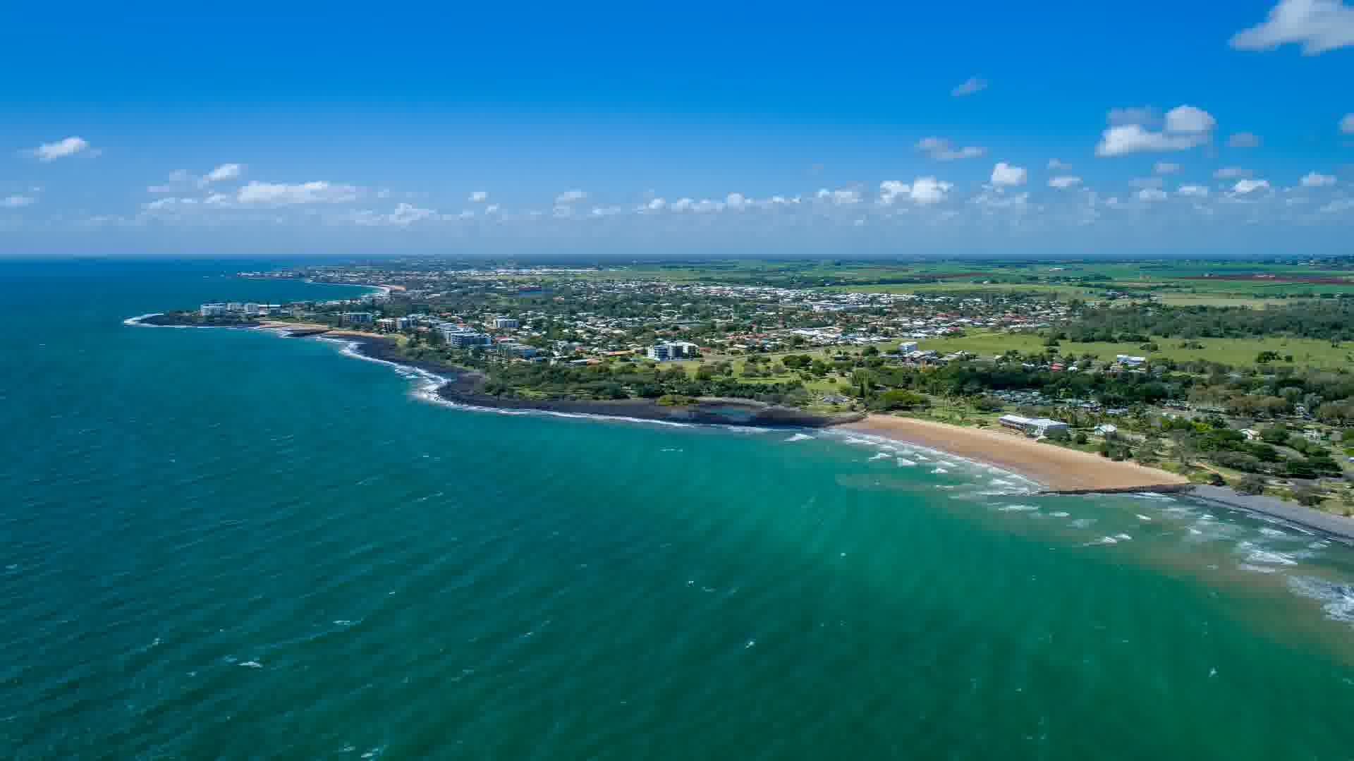 Aerial view of Bargara and the Coral Coast, part of the local area Spartan Sheds builds in