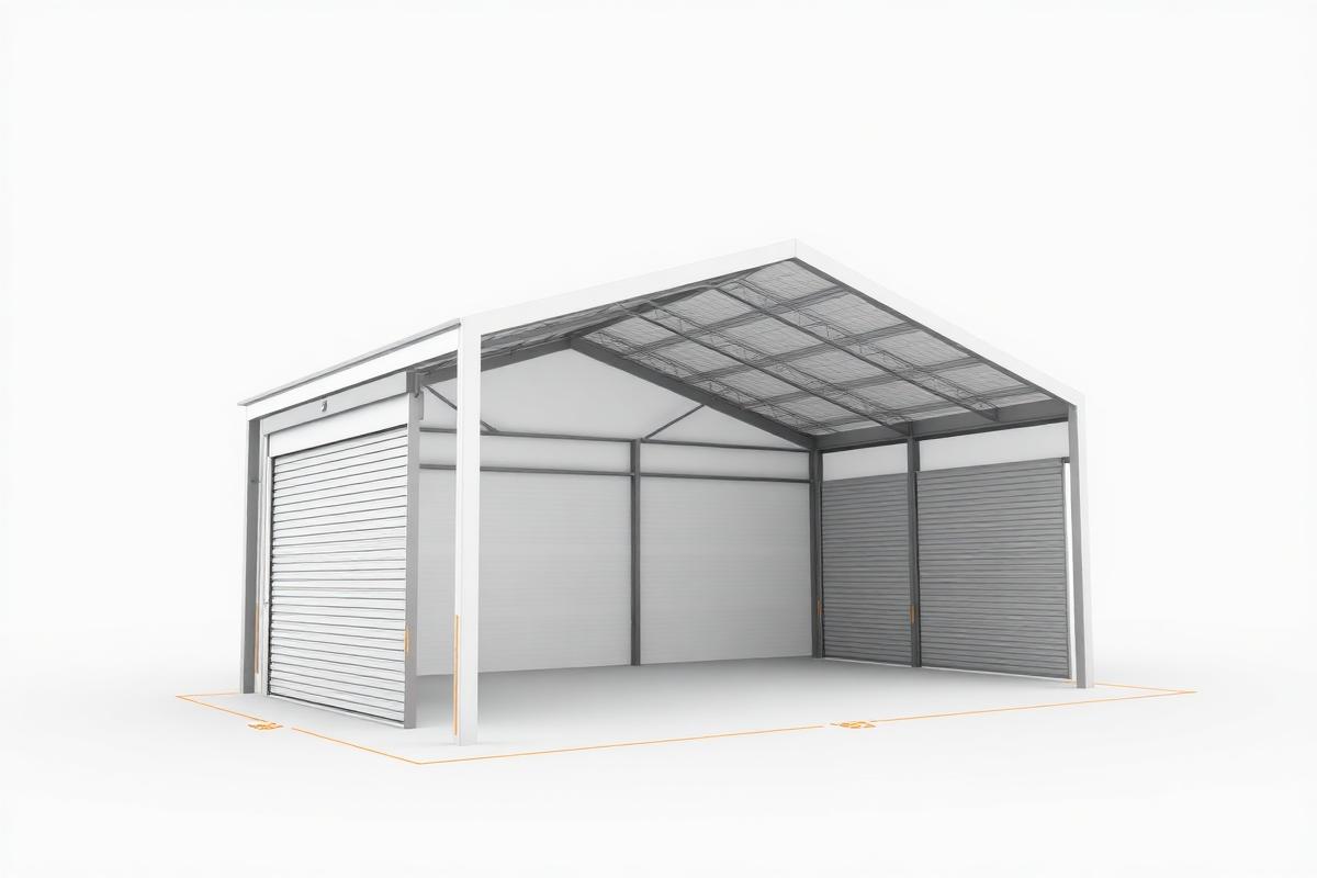 3D design render of a steel shed with roller doors and dimension guides, from the Spartan Sheds™ online 3D shed designer