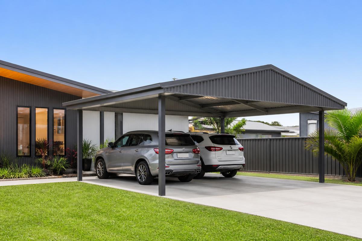 Double steel carport in Monument COLORBOND® cladding protecting two vehicles, built by Spartan Sheds™ in Bundaberg