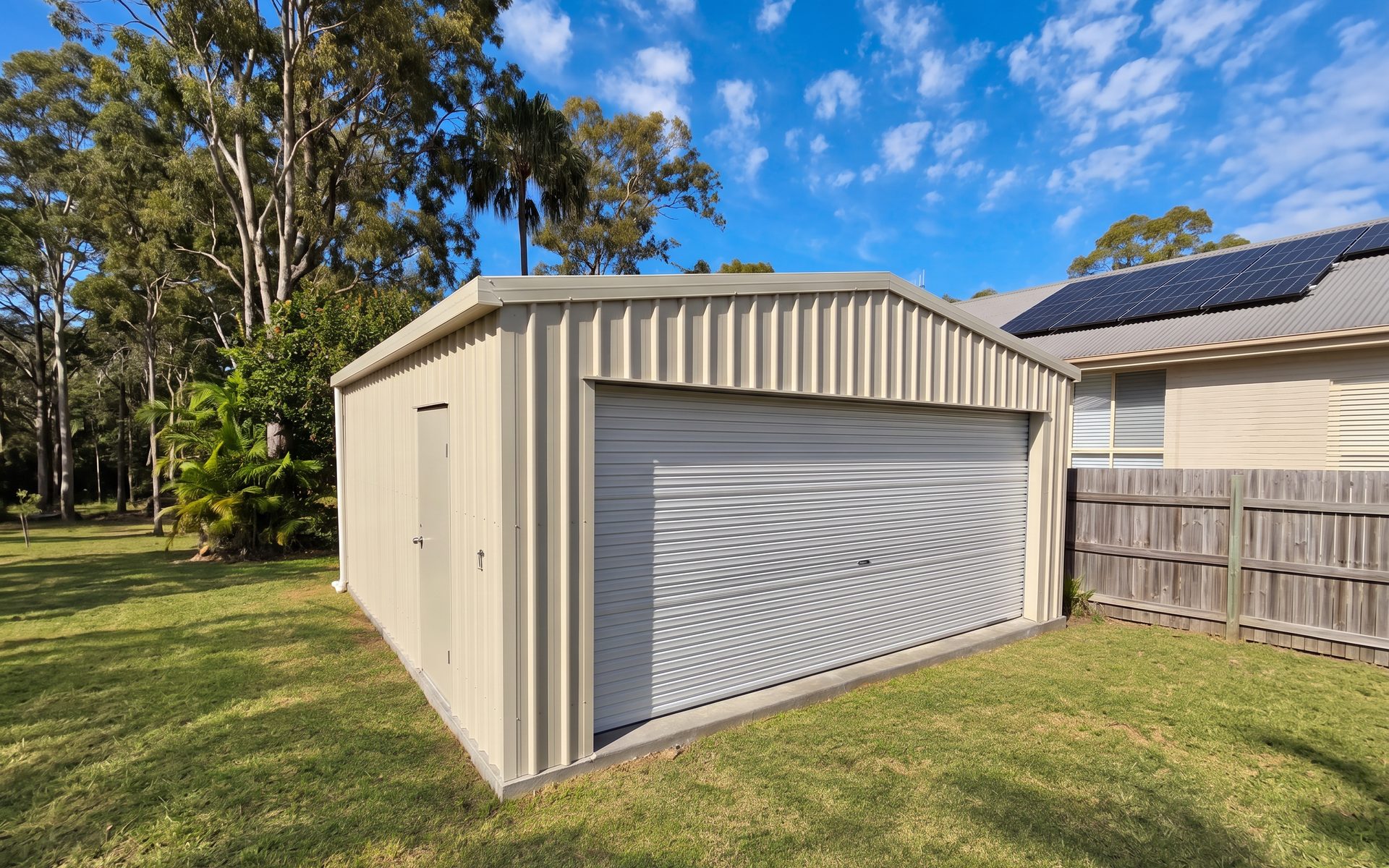 Cream COLORBOND double garage with light grey roller door, personal access door and concrete driveway in a Bundaberg residential setting