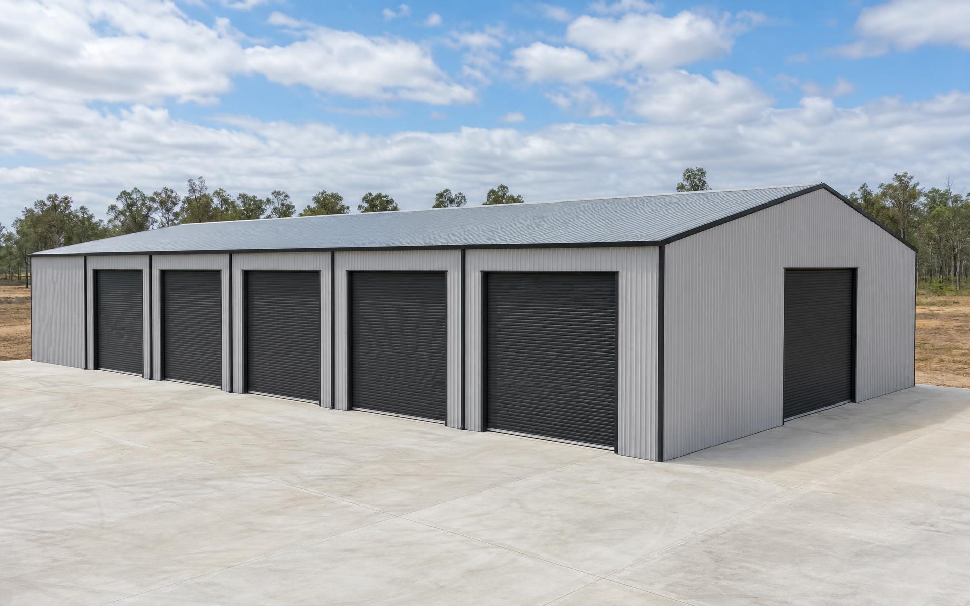 30m by 12m industrial shed with five side roller doors, one enclosed bay and an end-gable roller door