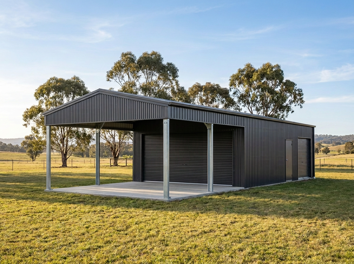 Charcoal COLORBOND residential yard shed with an open roofed bay, wide motorised front roller door, side roller door and personal access door