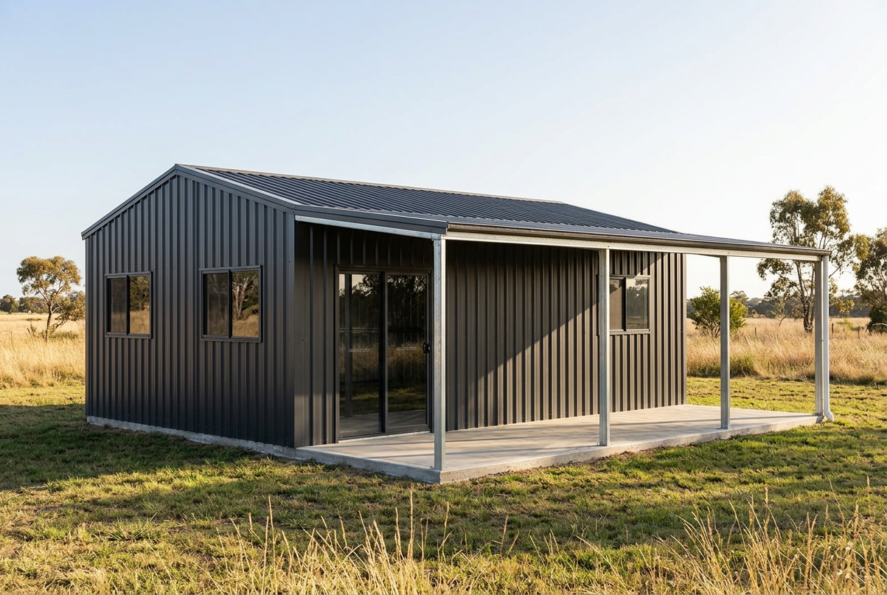 Dark COLORBOND Weekender shed with a full-length front awning, glass sliding door and four windows on a rural block