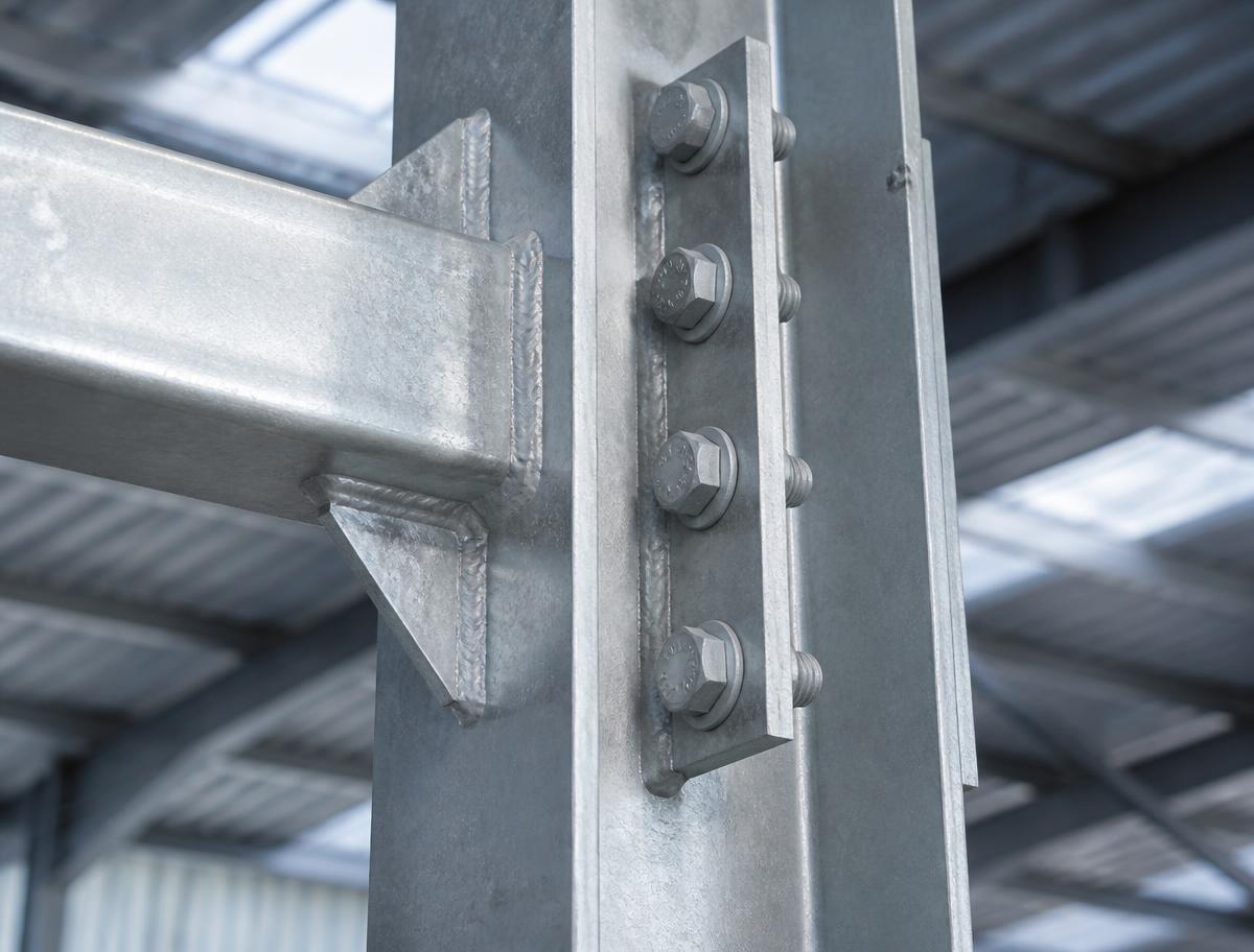 Welded steel plate and bolted structural connection on a Spartan Sheds™ portal frame column