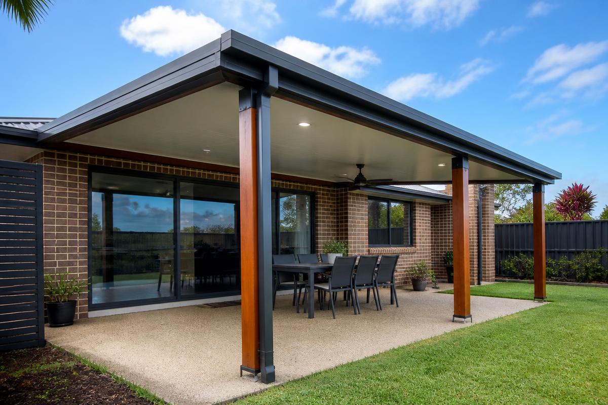 Modern insulated patio awning with timber posts in COLORBOND® steel, built by Spartan Sheds™ in Bundaberg